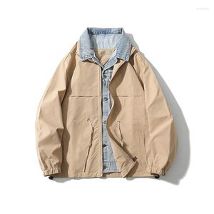 Mens Jackets 2022 Spring Mens Fake Two Pieces Windbreakers Jeans Spliced Sashes Contrast Khaki Black Casual Jacket Coat Male