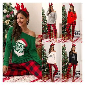 Women's Two Piece Pants Christmas Women's Home Furnishing Suit Clothes Long Sleeve Printed Tops Round Neck One Shoulder Plaid Loose