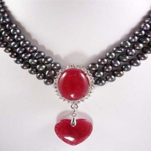 Bellissimi gioielli 3rows 7-8 mm Neck Pearl Necklace Red Jade Ciondolo