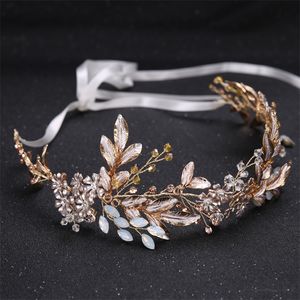 Wedding Hair Jewelry Champagne Alloy Crystal Beads Flower Bride Headbands Hair Comb Princess Bridal Ribbon Hairband Wedding Hair Accessories Crown 220831