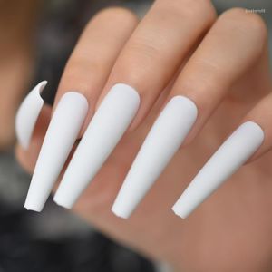 False Nails Matte White Super Long Coffin Acrylic Press On Pure Color Slim Fake Fingernail For Women DIY Nail Art