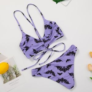 Halloween Bat Print High Leg Bikinis Set Two Piece Bikini Strappy Bangage купание