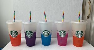 Starbucks 24oz 710ml Mermaid Goddess Plastic Tumbler Reusable Clear Drinking Flat Bottom Cups Pillar Shape Lid Straw Mug