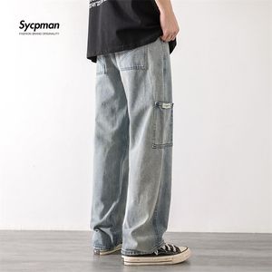 Mens Jeans Loose Street Style Straight Cargo Pants Men mode Märke Wide Leg Overalls Retro Trend Leisure Youth Denim Baggy 220831