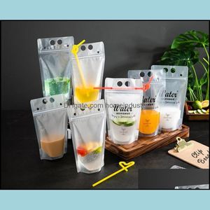Other Drinkware 100Pcs Drinkware Clear Drink Pouches Bags Frosted Zipper Stand-Up Plastic Drinking Bag With St And Holde Homeindustry Dh0Do