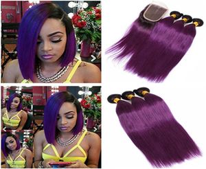Wholesale Straight Purple Ombre Virgin Peruvian Human Hair Bundle Deals With Closure 4Pcs Lot Two Tone 1BPurple Ombre Weaves with 4x4 Lace 3965080