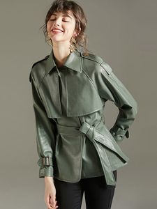 Women s Jackets FTLZZ Spring Autumn Lapel Faux Leather Jacket Women Green PU Coat Simplicity Loose Office Lady Outwear with Belt 221130