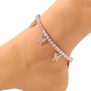 Anklets kvinnor isade ut ankelb￤lten Butterfly Charm 4mm Cubic Zirconia Tennis Chain Gift For Girl Beach Hip Hop Feet Jewelry