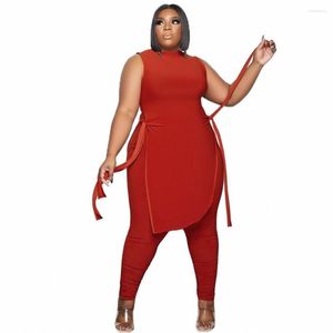 Women's Two Piece Pants Pure Color Casual Trousers Suit Large Size Loose Fat Woman 2 Sexy African Clothing Sleeveless Round Neck Top Sets XL