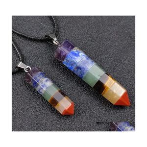 Anhänger Halsketten 7 Chakra Sechseckiger Kegel Anhänger Verschiedene gemischte Edelsteine Amethyst Tigerauge Yoga Heilung Reiki Energiesäule Pendu DHSRP