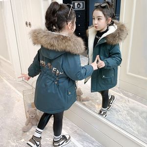 다운 코트 패션 패션 겨울 자켓을위한 여자 플러스 벨벳 따뜻한 후드가있는 어린이 옷 4 12 년 어린이 십대 파카 TZ247 221130