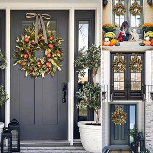 Decorative Flowers Artificial Pomegranate Wreath Handmade Front Door Hanging Ornament For Home Garden Farmhouse Autumn Decoration