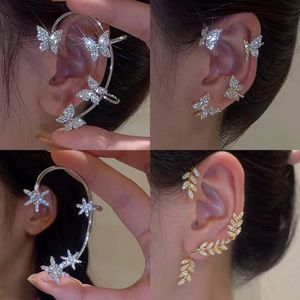 Orecchini a clip a farfalla con foglia placcata argento per orecchini da donna senza piercing gioielli di moda con polsino dell'orecchio in zirconi scintillanti