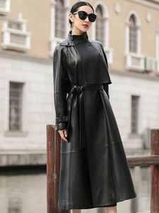 Giacche da donna Nerazzurri Primavera Trench lungo in pelle nera per cintura Manica raglan Autunno Faux Fashion 221130