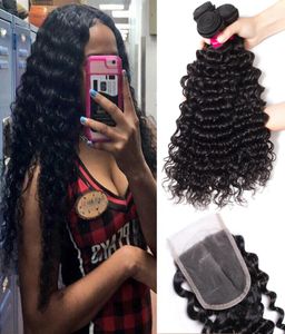 9A Brazilian Virgin Hair With Closure 3 Bundles Brazilian Body Wave Straight Loose Wave Deep Wave Hair With 4x4 Lace Closure Remy 2803370 on Sale