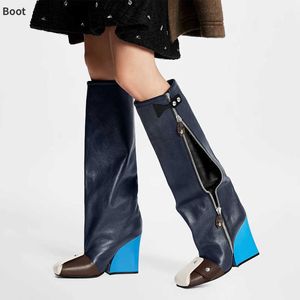 Зимние ботинки сапоги дамы колена высокая квадратная мода каблука каблук Martin Toe Slip на цвете, соответствующая смешанной пряжке для заклепки 221130
