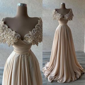Elegant Off The Shoulder Chiffon Long Prom Dresses 2023 Beaded Pearls Ruched Floor Length Women Gala Evening Party Gowns robes BC11949