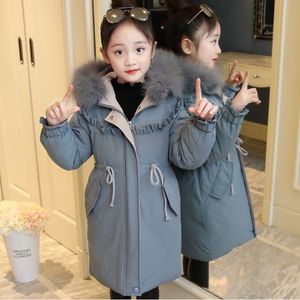 Пуховое пальто для девочек, утепленное однотонное пальто с меховым воротником и капюшоном, хлопковое зимнее теплое ветрозащитное пальто средней длины 221130
