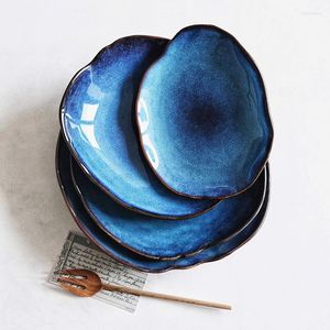 Plates Ceramic Salad Plate Lrregular Dish Kitchen Supplies European Blue Glaze Pottery Dinner Household Tableware