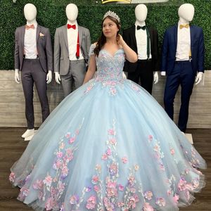 Blue Sky Quinceanera Kleider D Blumenapplikationen Rüschen Ärmellos von den Schultergurten Maßgeschneiderte süße Prinzessin Party Ballkleid Vestidos