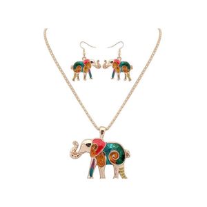 Earrings Necklace Europe Vintage Party Casual Jewelry Set Womens Colored Glaze Elephant Necklace With Earrings Drop Delivery Sets Dhiud