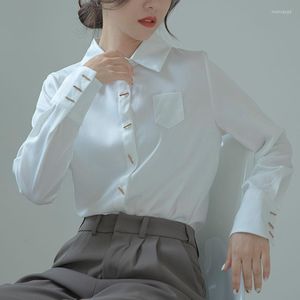 Camicette da donna Camicia coreana a maniche lunghe basic bianca con scollo a V solido Bottoni in chiffon Donna Mujer Blusas Femininas Abbigliamento da ufficio 2351