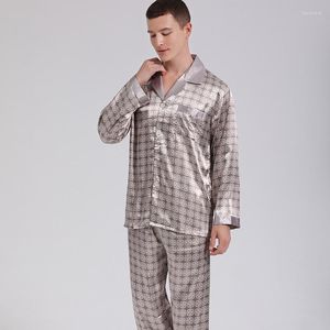 Indumenti da notte da uomo in raso stampa pigiama da uomo set primavera autunno 2 pezzi camicia a maniche lunghe pantaloni pantaloni maschili vestito setoso vestiti per la casa