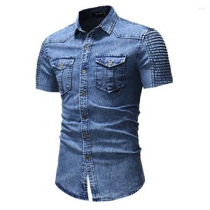 Erkekler sıradan gömlekler moda denim erkekler kısa kollu pileli kot pantolon cotoon için erkek kamisas hombre