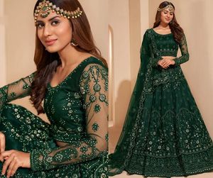 Lehenga Choli Evening Occasion Dresses with Wrap Hunter Green Traditional Lehangas Choli Caftan Long Sleeve Prom Gown