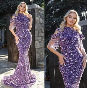 Stunning Purple Mermaid Prom Dresses Tassels Sequined Beading Party Dresses High Neck Custom Made Evening Dress