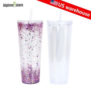 US warehouse 24oz Plastic Flat Lid Water Tumblers with Black Straw Double Wall Reusable Portable 710ml Office Coffee Mug Transparent Acrylic Drinking Cups DIY