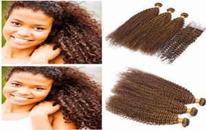 Kinky Curly 6 Średni brązowe brazylijskie dziewicze włosy 3 Pakiety z koronkowymi końcami 4x4 Kolorowe brązowe pakiety ludzkich włosów z 4442514