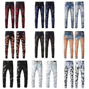 Herren Jeans Zerrissene Männer Hosen Designer Skinny Grau Denim Biker Paint Distress Hose für Männer Sticken Slim Fit Stretch Motorrad Star Hip Hop Straight Leg Streetwear