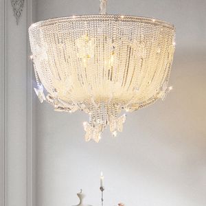 Crystal Butterfly Flower Pendant Lamps LED Modern European Romantic Pendant Lights Fixture American Luxury Hanging Lamp French Dining Room Bedroom Indoor Light