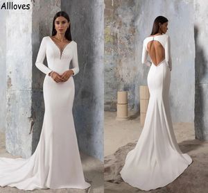 New Designer Mermaid Wedding Dresses With Long Sleeves Simple Elegant White Satin Bridal Gowns Shiny Sequins Sexy Deep V Neck Backless Bride Marriage Robes CL15325