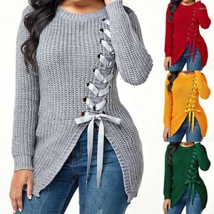 Kvinnors tröjor Autumn Casual Lace-up Sexig delad tröja Kvinnors sidoslitsar Solid Color Loose Pullover Slim Long Knit