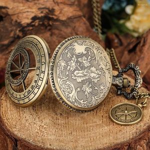 Orologi da tasca Orologio con design a bussola astrologica intagliata vuota Accessori in bronzo retrò Orologio pendente al quarzo con catena per collana