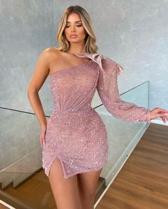 Pink Sexy New Arrival Evening Dresses One Long Sleeve Bow Knot Lace Backless Thigh Length Formal Dress Shiny Sequins Appliques Prom Dress Formal Plus Size Tailored