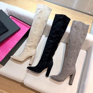 Designer High Knee Boot for Women Real Patent Leather Turn päls stövlar Slim Fit Mid Chunky Heel Wedge Boots Fashion äkta andningsbara och lätta skor med låda storlek 35-41