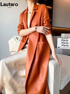 Women s Jackets Lautaro Spring Autumn Long Orange Soft Faux Leather Coat Women Pockets Elegant Stylish Luxury Designer Clothes Arrival 221130