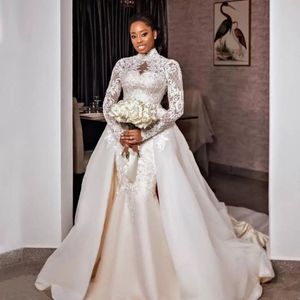 2022 African Arabic Modest Long Sleeve High Neck Wedding Dresses With Detachable Train Appliques Lace Tulle Long Bridal Gowns Vestido De Novia BC14608