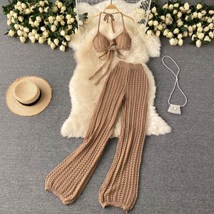 Women's Two Piece Pants Suit Women Summer Design Knitted Set Sexy Backless Halter Short Tops Chic Hollow Wide Leg Long Suits 221130