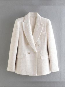 女性のスーツ女性春のジャケット2022ファッションダブル胸肉ツイードチェックブレザーコートビンテージロングスリーブポケットメスアウターウェア