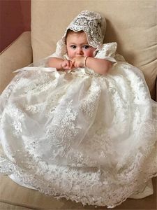 Mädchenkleider Elfenbeinweißes langes Taufkleid für Babys, Applikationen, Schleife, Spitze, Perlen, kurze Ärmel, Taufkleid