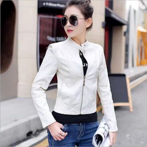 Women s Jacket Leather Jacket PU Coat Short Slim Motorcycle Clothing Female Outerwear Black White 221130