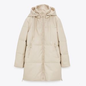 Kvinnor Down Parkas Malina Loose Hooded Fashion Beige Pu Leather Coats Sidan dragkedja Split långa bomullsjackor damer 221201