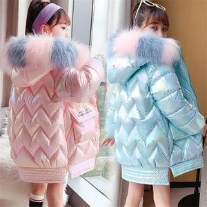 Down Coat Winter Shiny Jacket For Girls White Fur Hooded Long Teen Children Overcoat Cotton Parka 5 14Y 221130