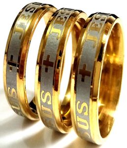 New 30pcs Etched JESUS CROSS Stainless Steel Ring 316L Wide 6mm Gold Religious Comfort Fit Band Quality Ring Mens Womens Jewelry L5172209