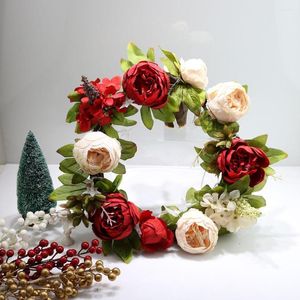 Flores decorativas Porta de Natal Knocker Artificial Peony Wreath Simulation Silk Plow Flor Home Festival Casamento Ring Ring Diy