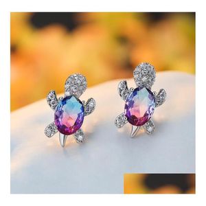 Stud Cute Design White Gold Plated Colorf Gemstone Stud Earring Copper Turtle Animal Earrings For Women Gift 16 F￤rger Drop Delivery DHSC6